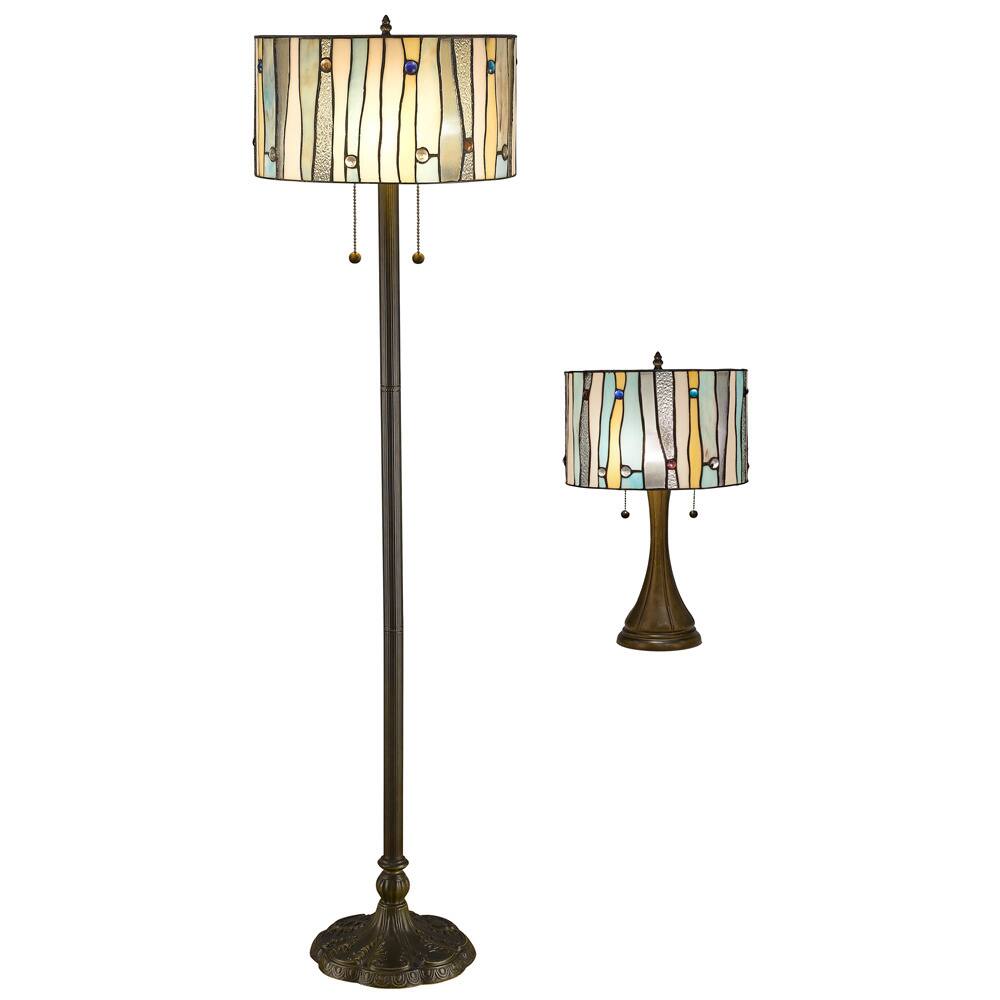Tiffany Style Yellow and Blue Stained Glass Table and Floor Lamp Set