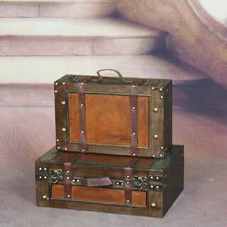 Wooden Vintage Luggage Trunks - Antique Carry on Suitcase Storage Box with Hinged Lids, Old-Fashioned Decorative Box - brown