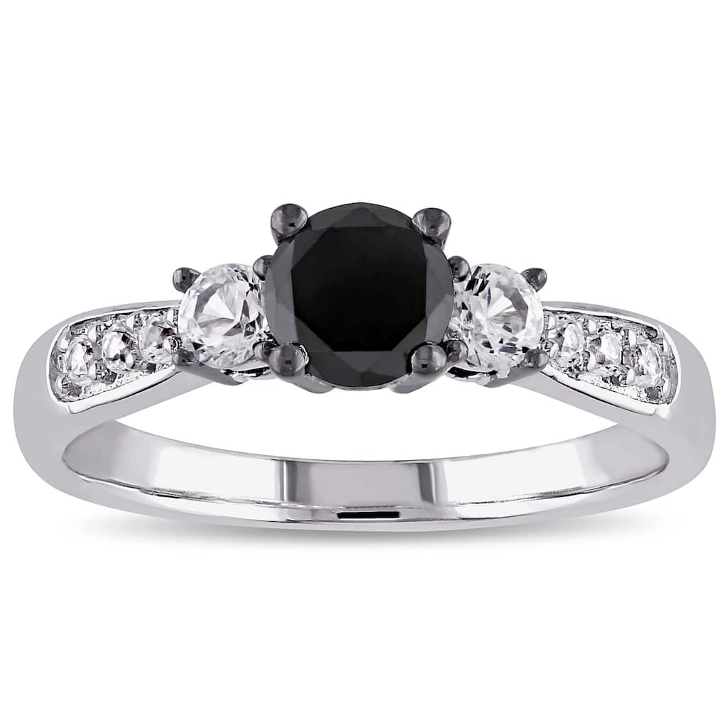 Miadora Sterling Silver 3/ 4ct TDW Black Diamond and White Sapphire Engagement Ring