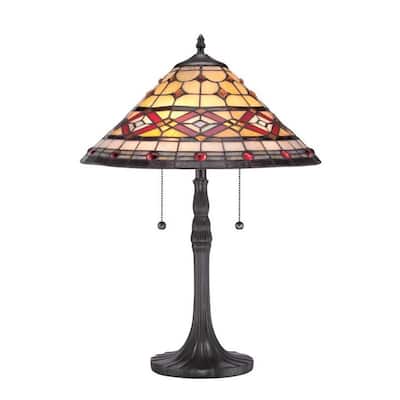 Cambridge 2-Light Vintage Bronze Finish Table Lamp With A Red And Yellow Tiffany-style Shade