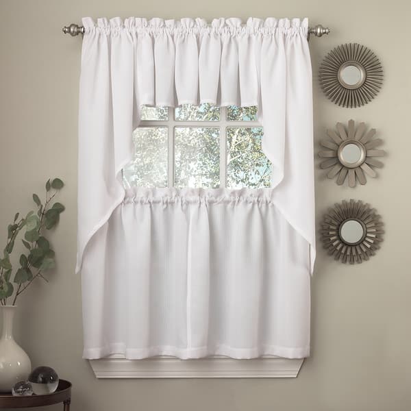 slide 2 of 4, Opaque Ribcord Kitchen Curtain Pieces - Tiers/ Valances/ Swags Swag Pair - White