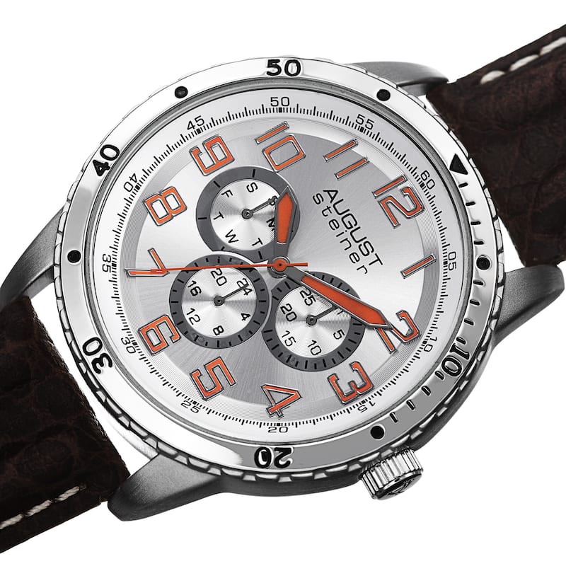 August Steiner Men's Quartz Multifunction Leather Silver-Tone Strap Watch
