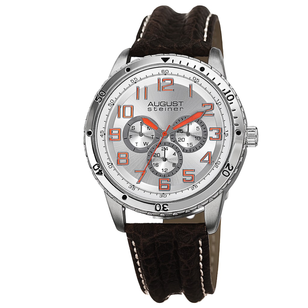 August Steiner Men's Quartz Multifunction Leather Silver-Tone Strap Watch