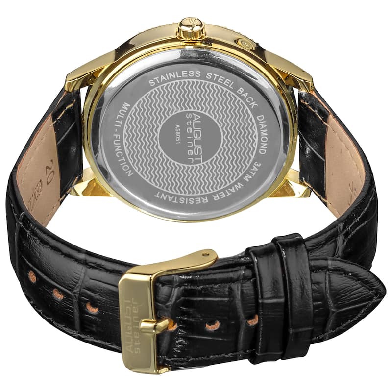 August Steiner Men's Swiss Quartz Multifunction Diamond Leather Black Strap Watch
