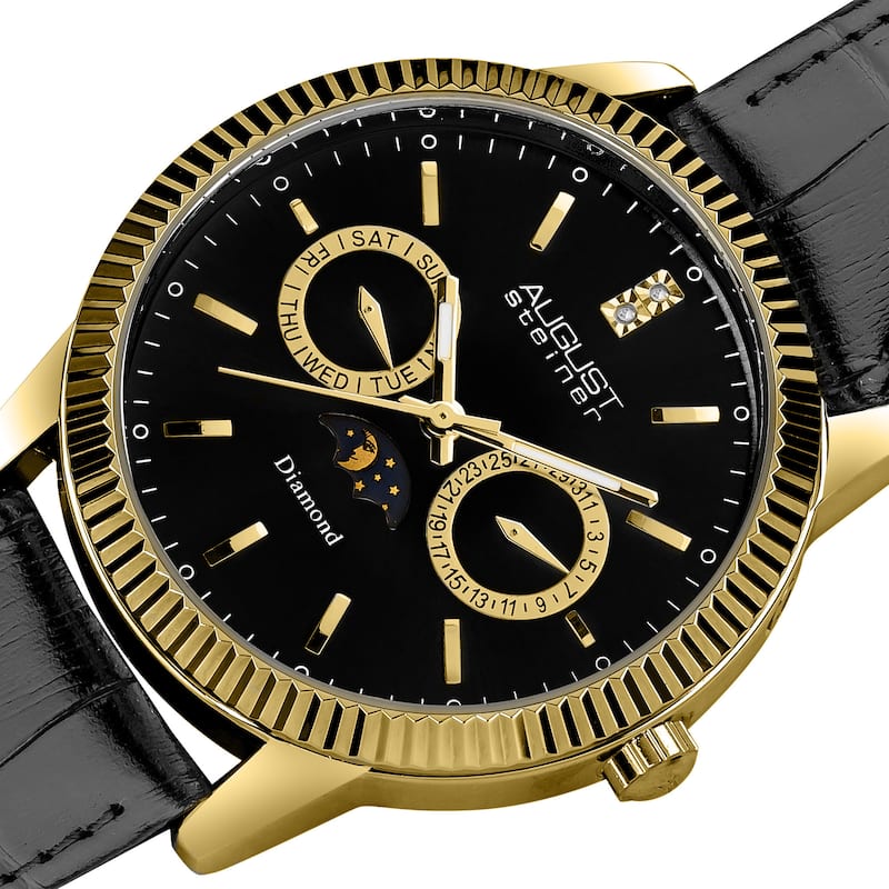 August Steiner Men's Swiss Quartz Multifunction Diamond Leather Black Strap Watch