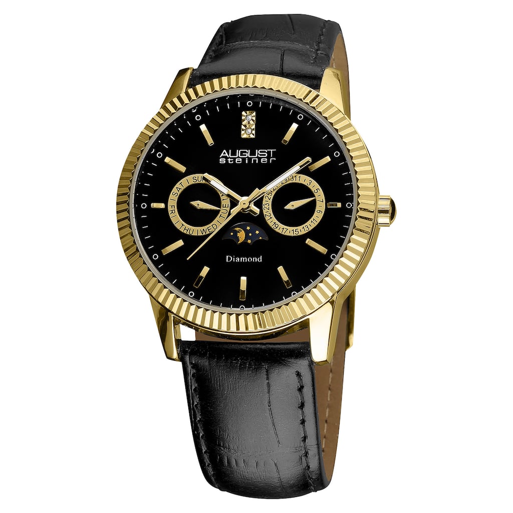 August Steiner Men's Swiss Quartz Multifunction Diamond Leather Black Strap Watch