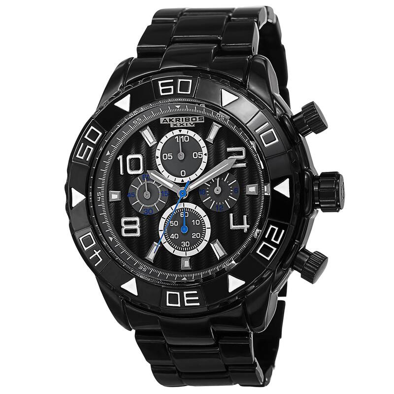 Akribos XXIV Men's Quartz Chronograph Etched-Pattern Dial Black Strap Watch