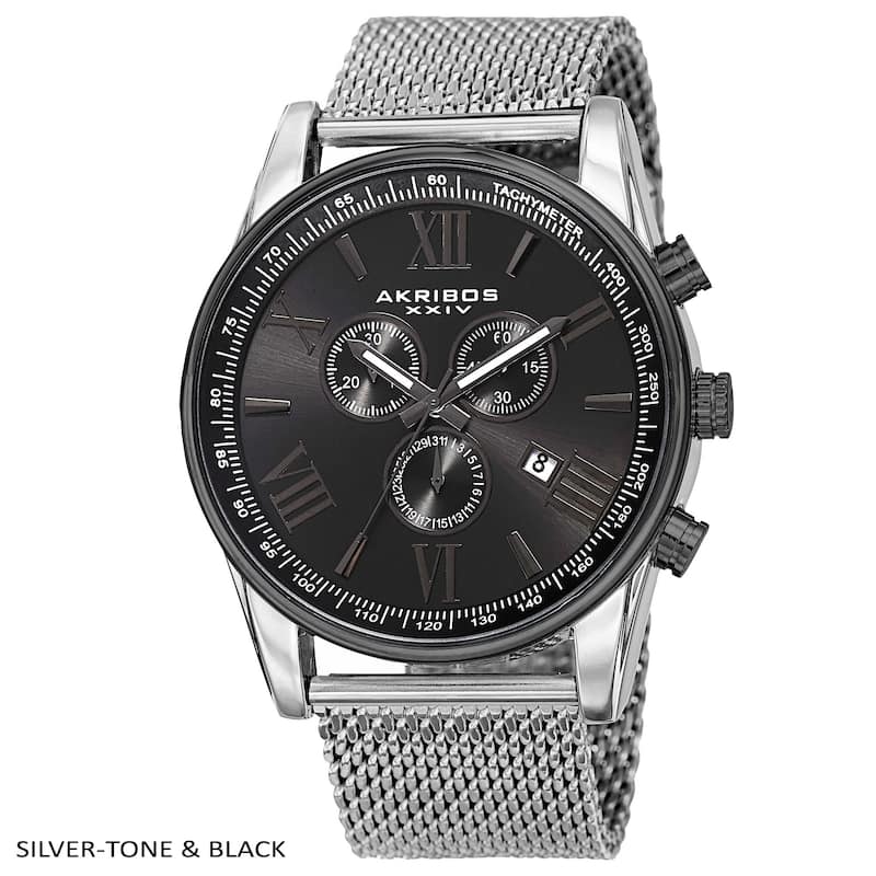 Akribos XXIV Men's Swiss Quartz Chronograph Stainless Steel Mesh Strap Watch - Male - Black - silver-tone&black - Silver-Tone