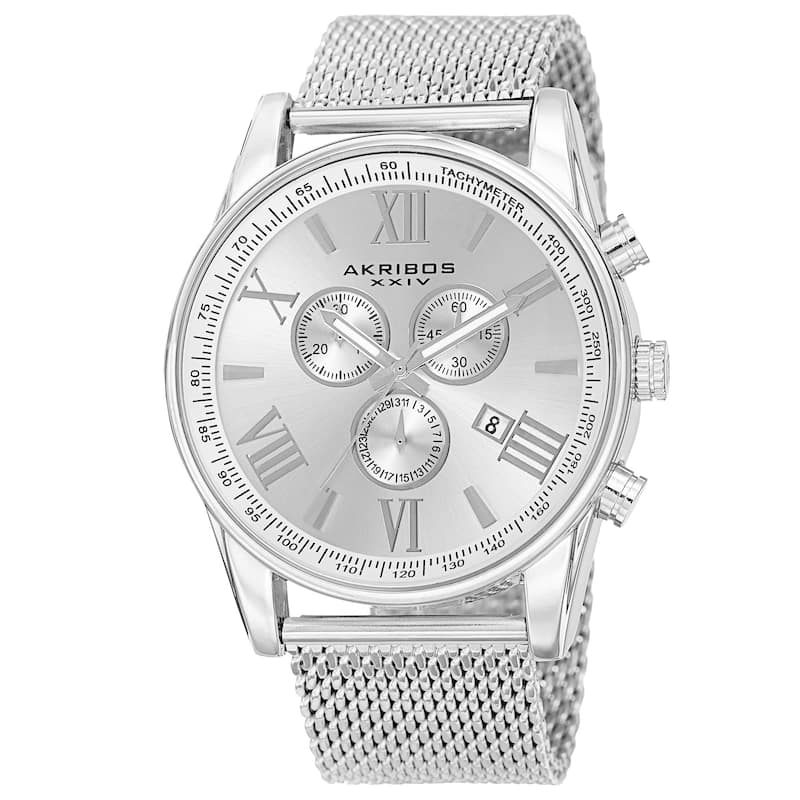 Akribos XXIV Men's Swiss Quartz Chronograph Stainless Steel Mesh Silver-Tone Strap Watch