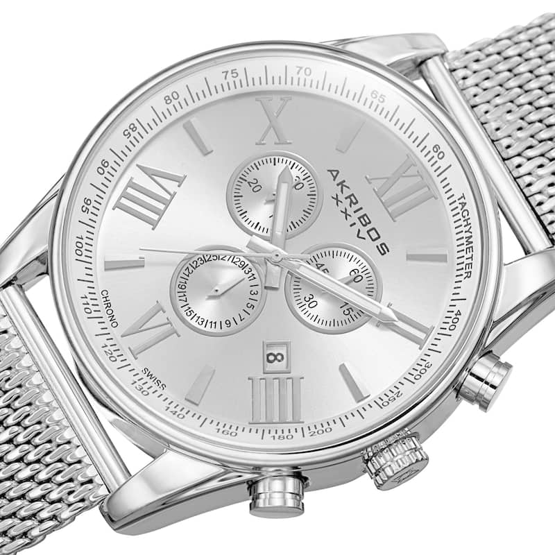 Akribos XXIV Men's Swiss Quartz Chronograph Stainless Steel Mesh Silver-Tone Strap Watch