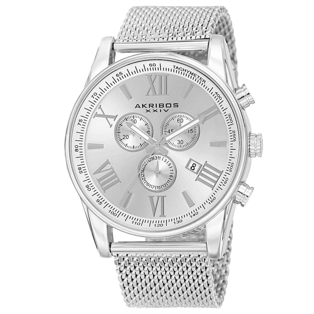 Akribos XXIV Men's Swiss Quartz Chronograph Stainless Steel Mesh Silver-Tone Strap Watch