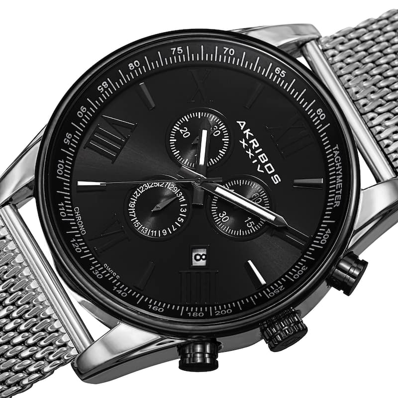 Akribos XXIV Men's Swiss Quartz Chronograph Stainless Steel Mesh Silver-Tone Strap Watch