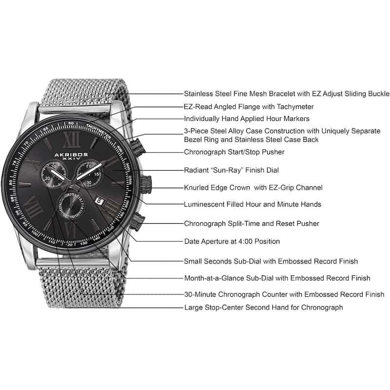 Akribos XXIV Men's Swiss Quartz Chronograph Stainless Steel Mesh Silver-Tone Strap Watch