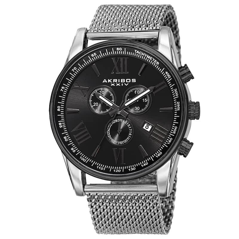 Akribos XXIV Men's Swiss Quartz Chronograph Stainless Steel Mesh Silver-Tone Strap Watch