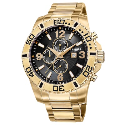 Akribos XXIV Men's Quartz Multifunction Dual-Time Stainless Steel Gold-Tone Bracelet Watch
