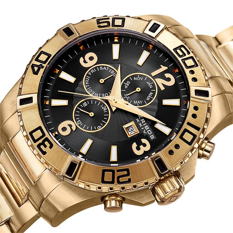 Akribos XXIV Men's Quartz Multifunction Dual-Time Stainless Steel Gold-Tone Bracelet Watch