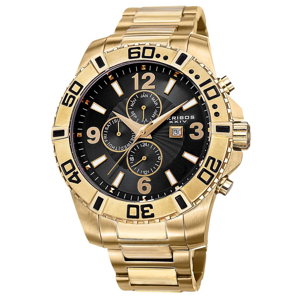 Akribos XXIV Men's Quartz Multifunction Dual-Time Stainless Steel Gold-Tone Bracelet Watch