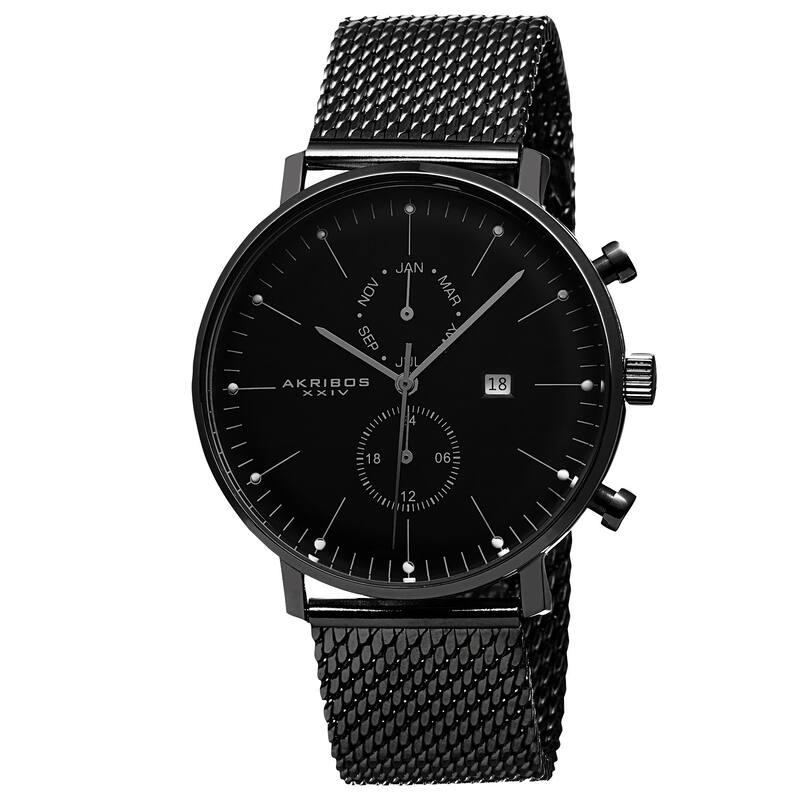 Akribos XXIV Men's Swiss Quartz Multifunction Stainless Steel Mesh Black Strap Watch