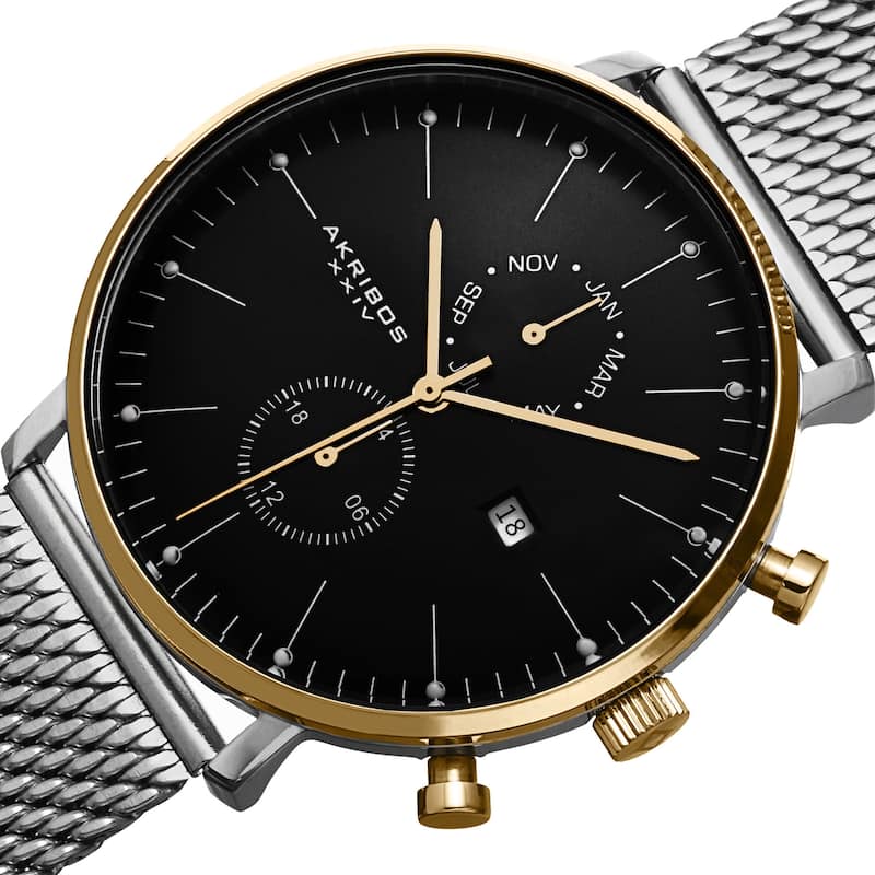 Akribos XXIV Men's Swiss Quartz Multifunction Stainless Steel Mesh Silver-Tone Strap Watch