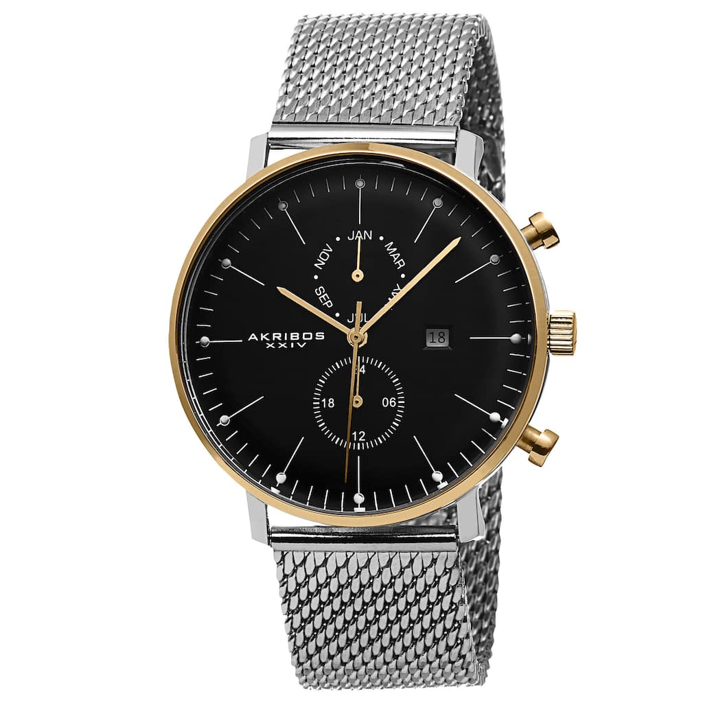 Akribos XXIV Men's Swiss Quartz Multifunction Stainless Steel Mesh Silver-Tone Strap Watch