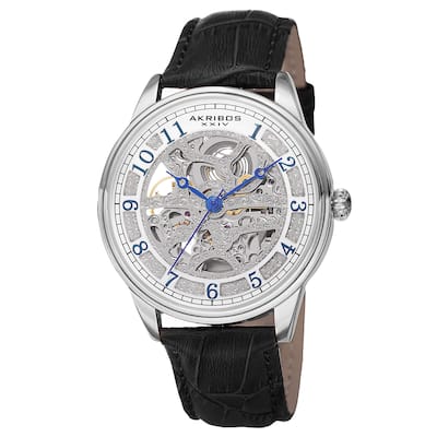 Akribos XXIV Men's Automatic Skeletal Dial Arabic Numeral Markers Leather Silver-Tone Strap Watch