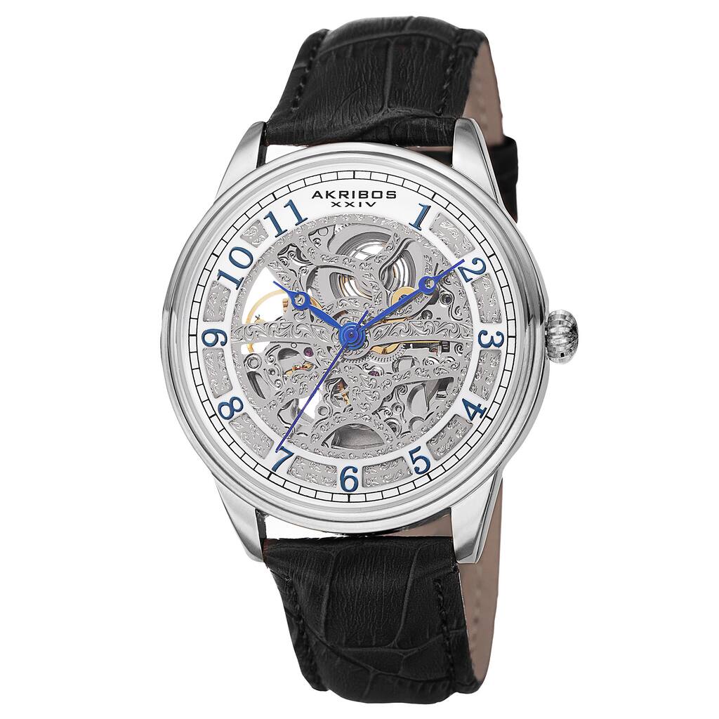 Akribos XXIV Men's Automatic Skeletal Dial Arabic Numeral Markers Leather Silver-Tone Strap Watch