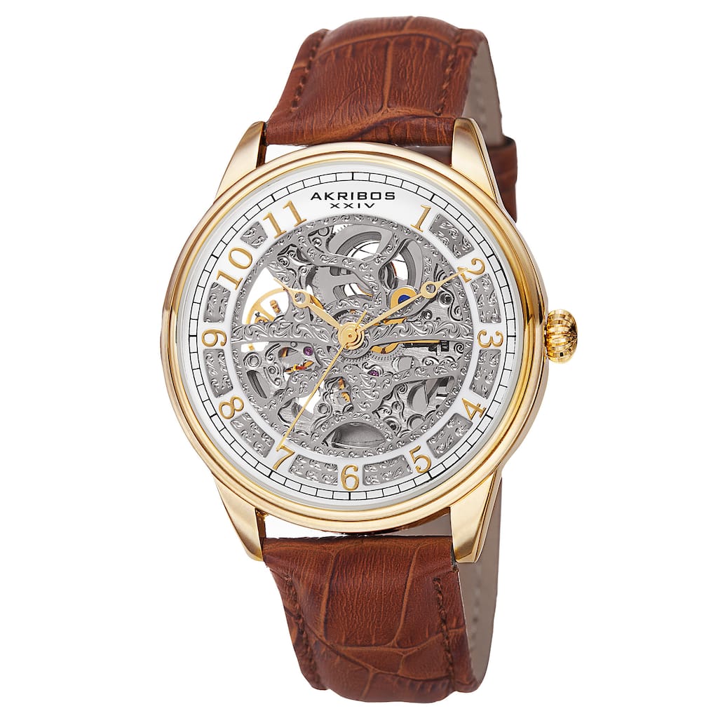 Akribos XXIV Men's Automatic Skeletal Dial Arabic Numeral Markers Leather Gold-Tone Strap Watch