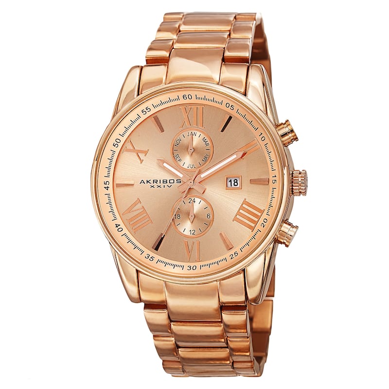 Akribos XXIV Men's Swiss Quartz Dual-Time Multifunction Stainless Steel Rose-Tone Bracelet Watch