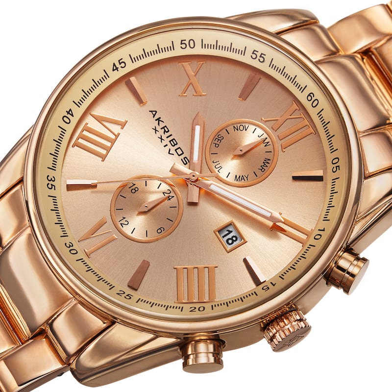 Akribos XXIV Men's Swiss Quartz Dual-Time Multifunction Stainless Steel Rose-Tone Bracelet Watch