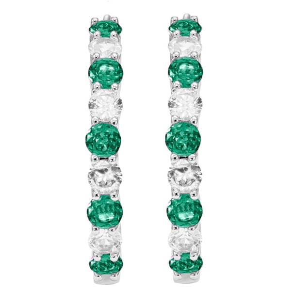Divina Rodium-plated Brass Emerald and White Sapphire Hoop Earrings. Opens flyout.