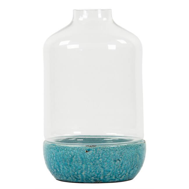 Tall Glass with Blue Deep Dish Terrarium