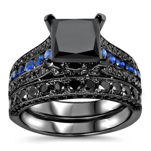 14k Black Gold 4 1/4ct TDW Certified Black Diamond and Blue Sapphire Bridal Ring Set
