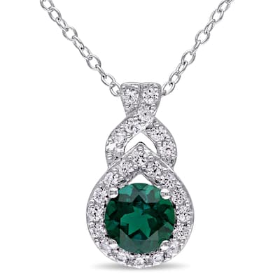 Miadora Sterling Silver Created Emerald and White Sapphire Drop Necklace