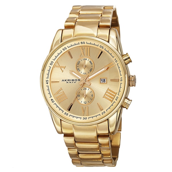 Akribos XXIV Men's Swiss Quartz Dual-Time Multifunction Stainless Steel Gold-Tone Bracelet Watch. Opens flyout.