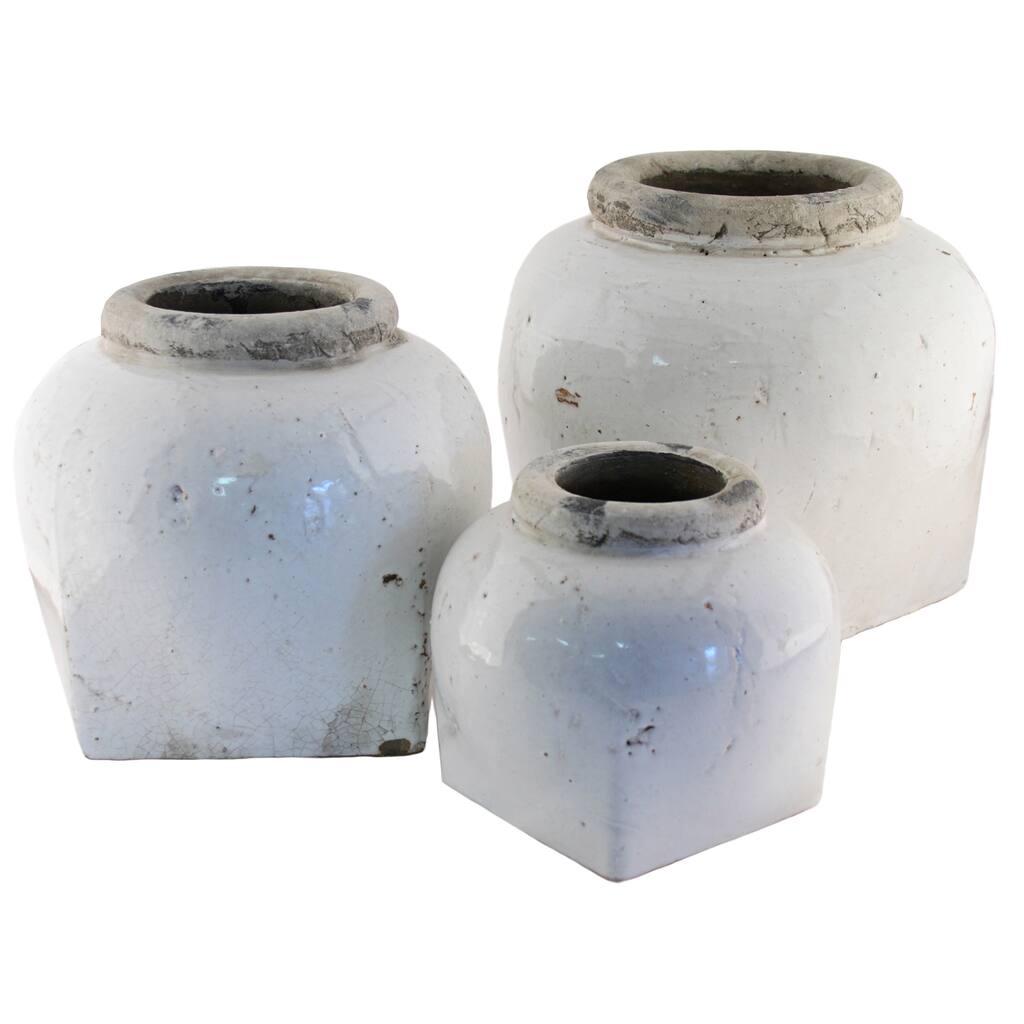 Short White Distressed Jar Vase