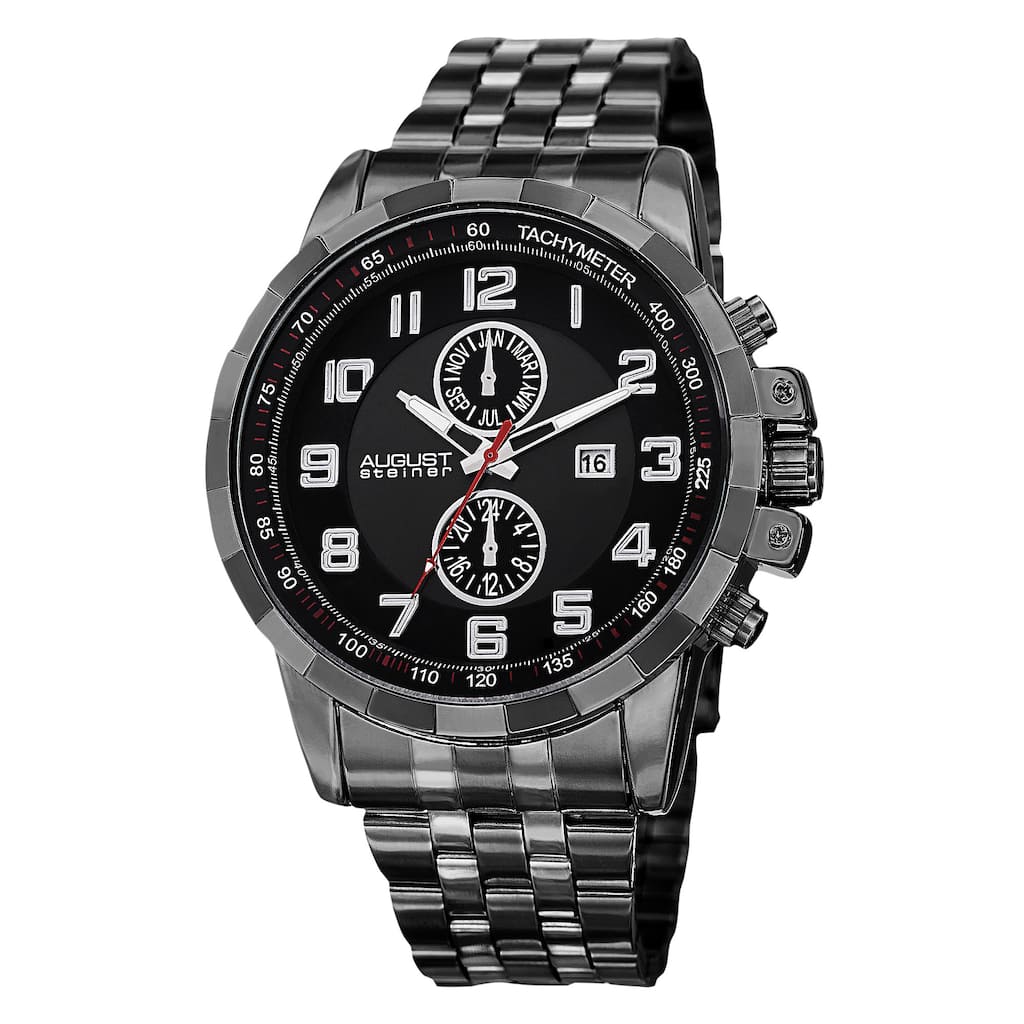 August Steiner Men's Swiss Quartz Multifunction Tachymeter Stainless Steel Black Bracelet Watch