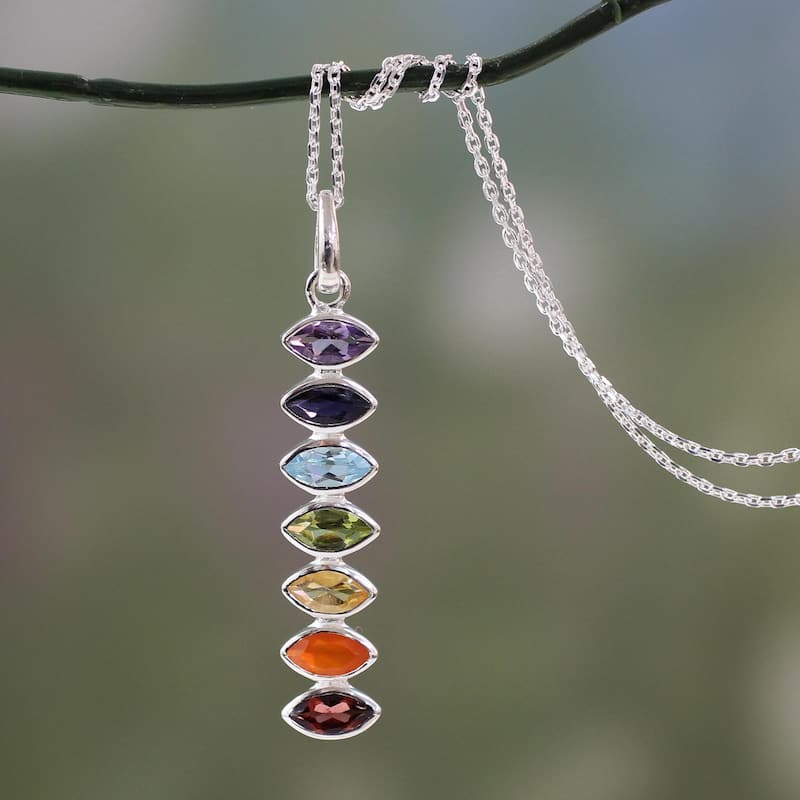 NOVICA Handmade Sterling Silver Chakra Balance Multi-Stone Necklace (India)
