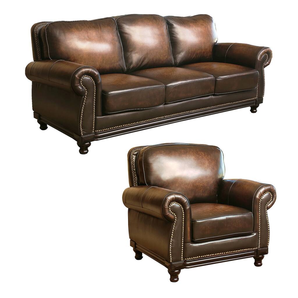 Abbyson Palermo Hand-rubbed Brown Leather Sofa and Armchair Set