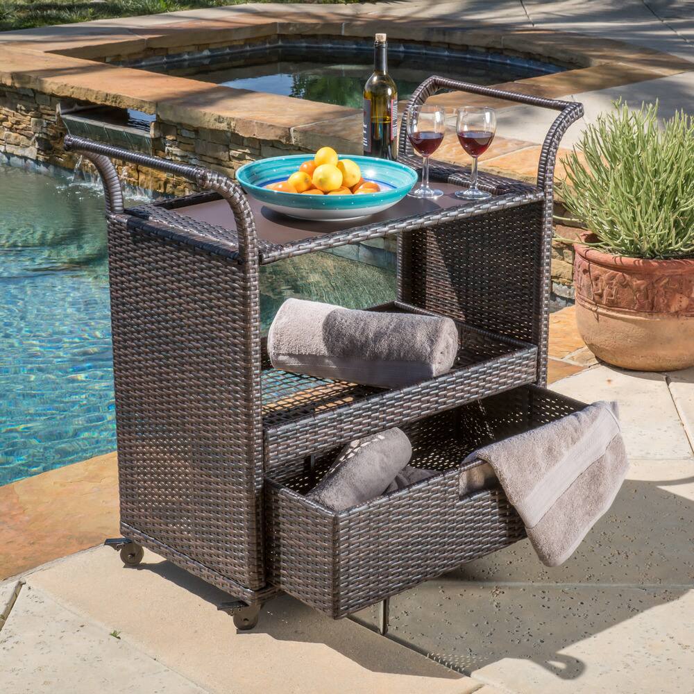 Corona Outdoor Wicker Bar Cart by Christopher Knight Home