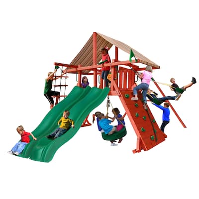 Gorilla Playsets Sun Climber Extreme Wooden Swing Set with Sunbrella Canvas Brannon Redwood Canopy - Brannon Redwood