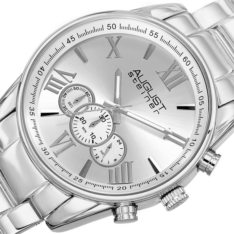 August Steiner Men's Quartz Chronograph Stainless Steel Silver-Tone Bracelet Watch