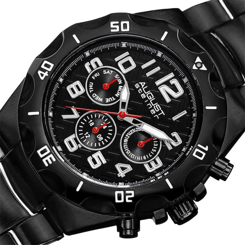 August Steiner Men's Swiss Quartz Multifunction Dual-Time Black Bracelet Watch