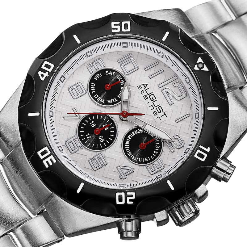 August Steiner Men's Swiss Quartz Multifunction Dual-Time Silver-Tone Bracelet Watch
