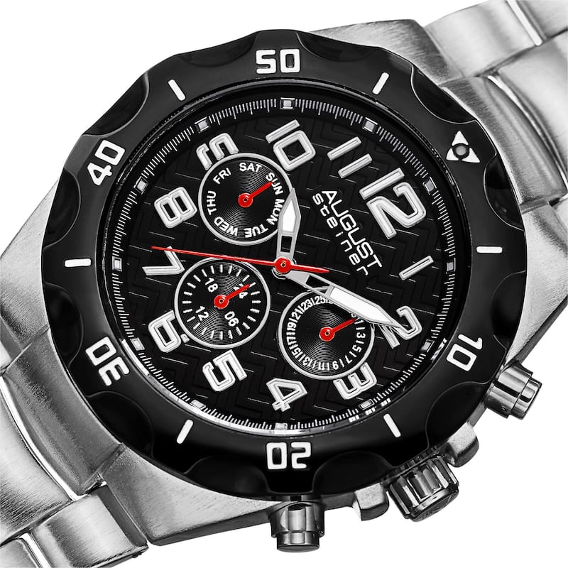August Steiner Men's Swiss Quartz Multifunction Dual-Time Silver-Tone Bracelet Watch