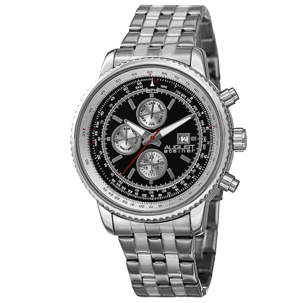 August Steiner Men's Swiss Quartz Multifunction Dual Time Stainless Steel Silver-Tone Bracelet Watch