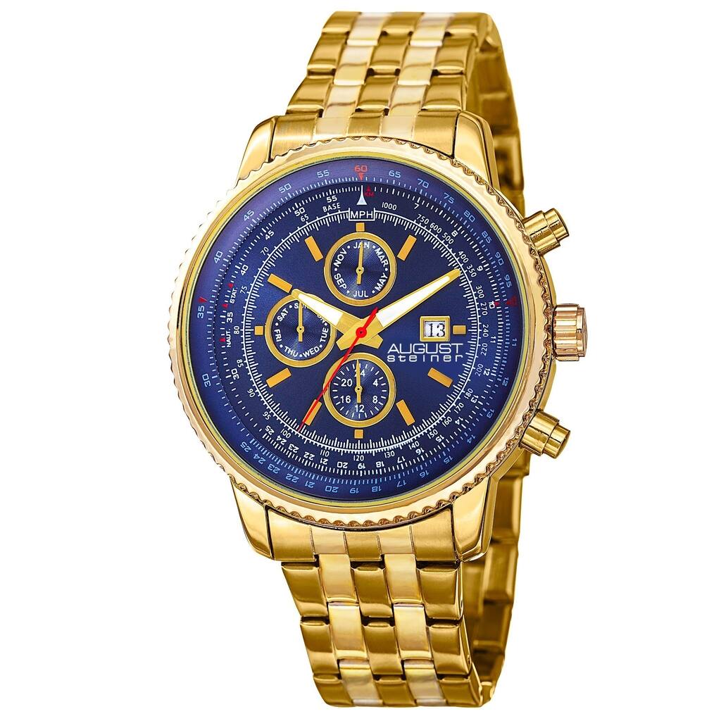 August Steiner Men's Swiss Quartz Multifunction Dual Time Stainless Steel Gold-Tone Bracelet Watch