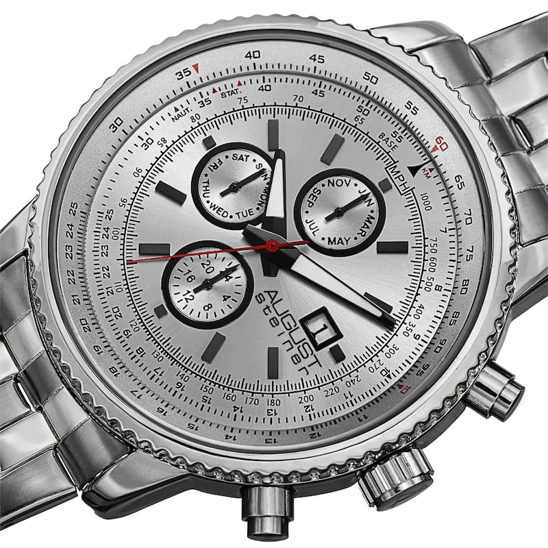 August Steiner Men's Swiss Quartz Multifunction Dual Time Stainless Steel White Bracelet Watch