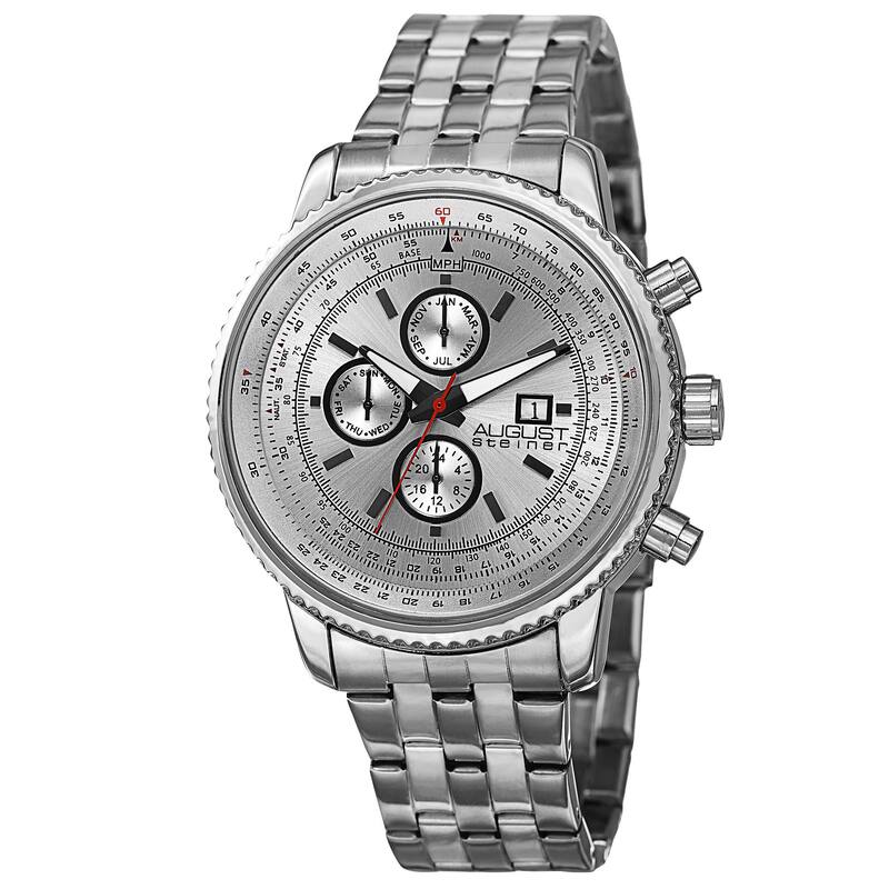 August Steiner Men's Swiss Quartz Multifunction Dual Time Stainless Steel White Bracelet Watch