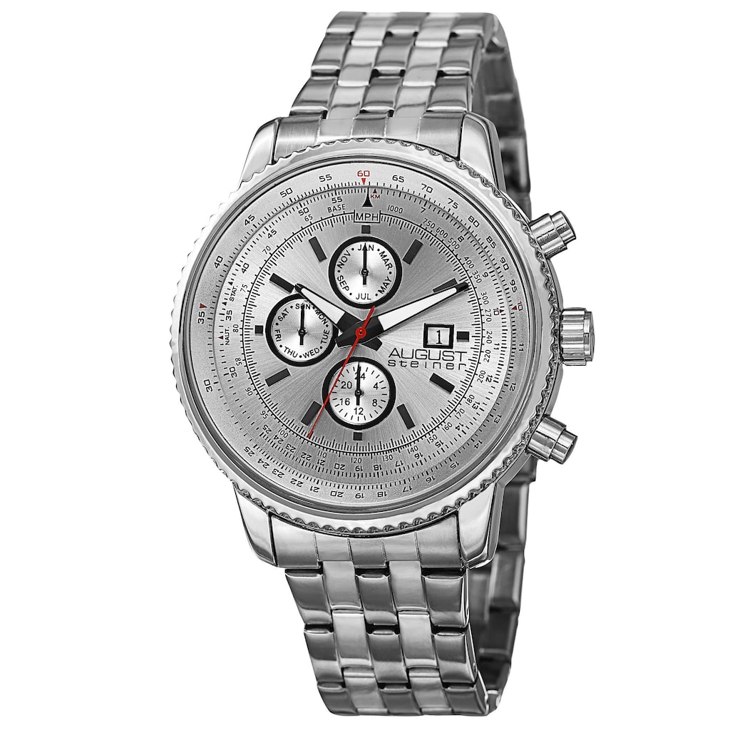 August Steiner Men's Swiss Quartz Multifunction Dual Time Stainless Steel White Bracelet Watch
