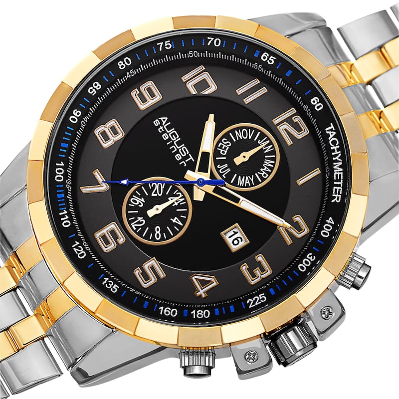 August Steiner Men's Swiss Quartz Multifunction Tachymeter Stainless Steel Two-Tone Bracelet Watch